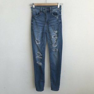 American Eagle Womens Super High Rise Jegging Crop Size 00 Blue Denim Distressed